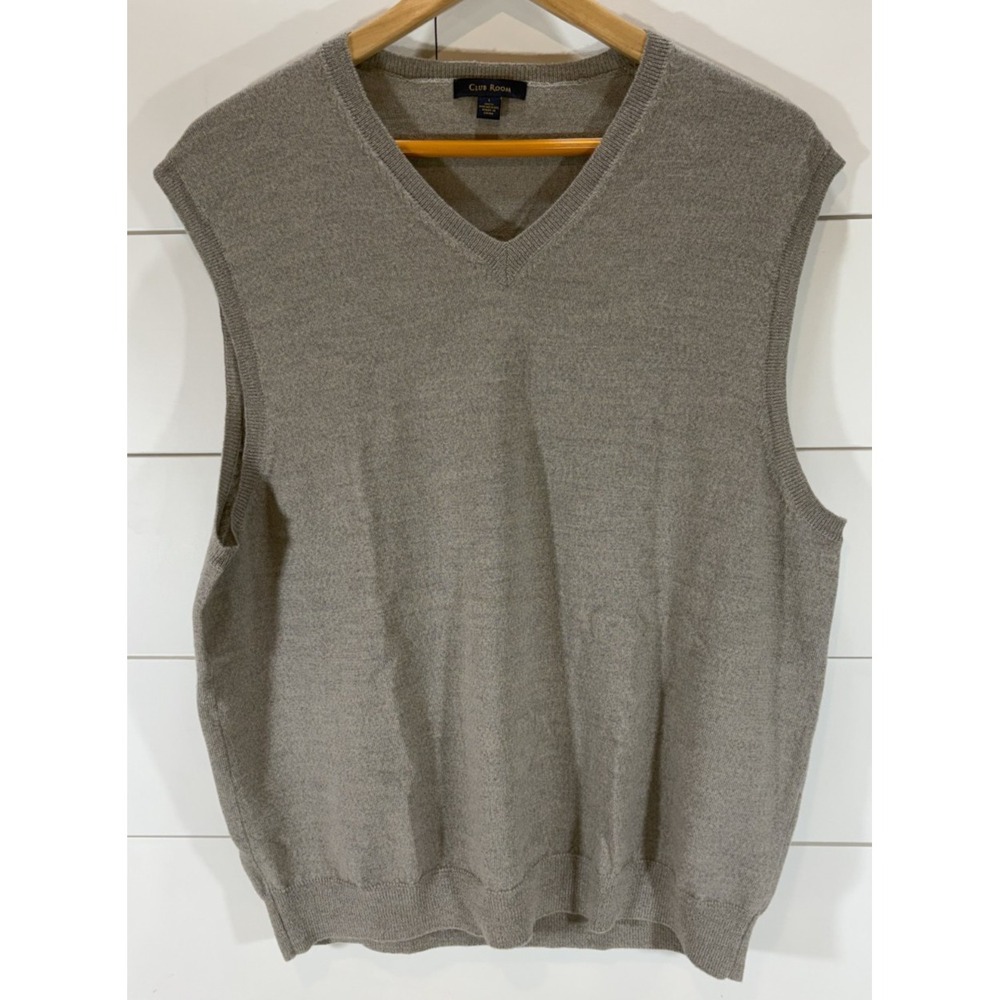 Vintage Club Room Sweater Vest Men's Sz Large Gray 100% Merino Wool V-Neck Knit
